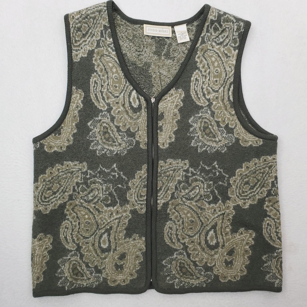 Studio Works Sweater Vest Womens Large Green Boiled‎ Wool Paisley Cottagecore